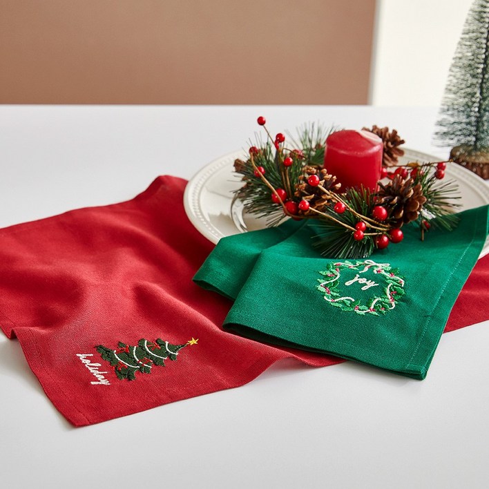 [모던하우스 인천점]  홀리데이 자수 키친크로스 레드,그린 2개세트 30x45 -[EM9125017]