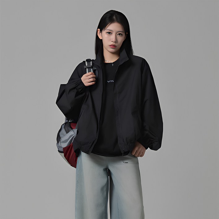 지쥬 여성 오버핏 초경량 바람막이 무지 블랙 가벼운 점퍼
