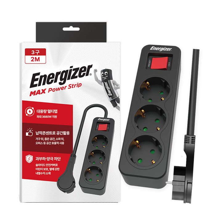 에너자이저 멀티탭 과부하차단 3680W고용량, 1개, 블랙 3구, 2m