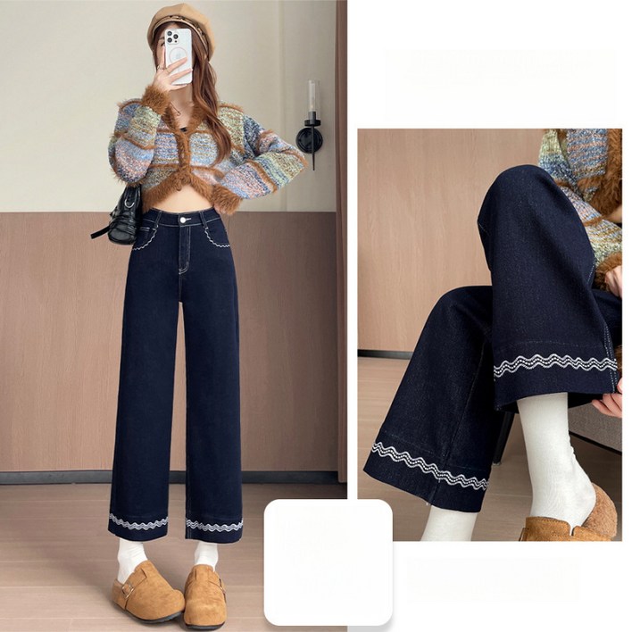 PETITBATH여성 와이드 데님 팬츠 스티치 디테일 캐주얼 바지 9부 바지WZS60305