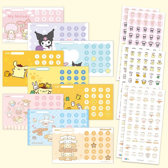 [1+1+1] [대용량] [스티커1,350개+판 27개] 산리오캐릭터즈 칭찬스티커 세트_미니사이즈, 1세트