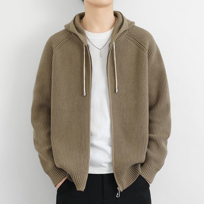 골지 니트티 아우터 봄 가을 긴팔 후드 집업 자켓 남성용 부드러운 스웨터 가디건 심플 캐주얼 데일리복