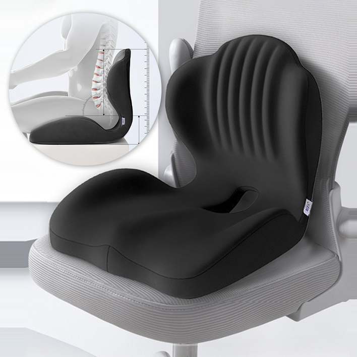 MOOZ 일체형허리방석 바른자세 허리쿠션 등받이 메모리폼 일체형허리쿠션 의자등받이, 블랙