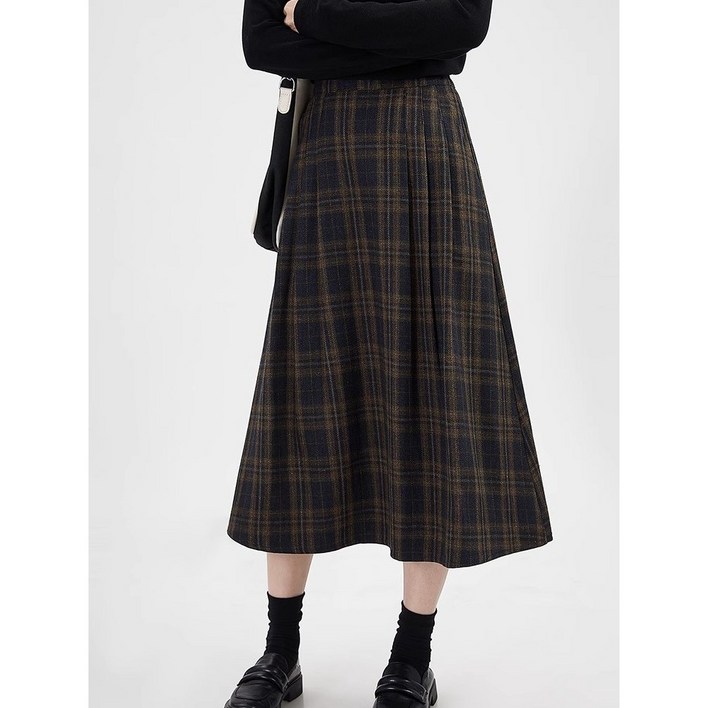 ANYOU 여성 가을 겨울 모직 체크 스커트 베이직 하이웨이스트 체크 스커트 루즈한 롱 치마