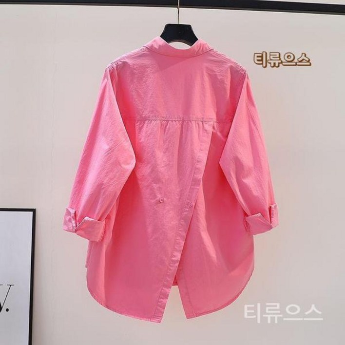 분홍색 Shirts Style리쉬 뒷트임 면 셔츠 여자 박시한 박시핏 블라우스봄썸머