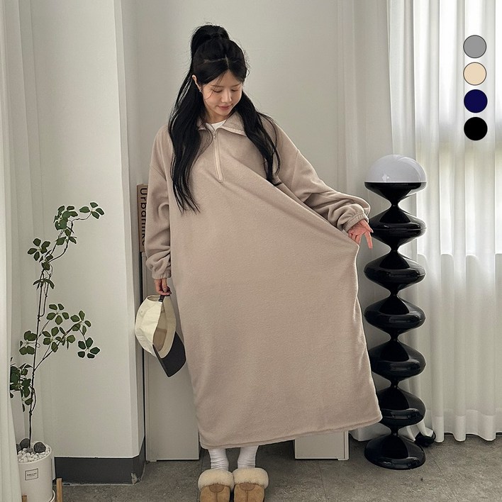 디테일웨어 여성 후리스 반집업 하이넥 빅사이즈 롱원피스 기모 도톰한 임산부 원피스 포켓포함 홈웨어 젊줌마 등원룩