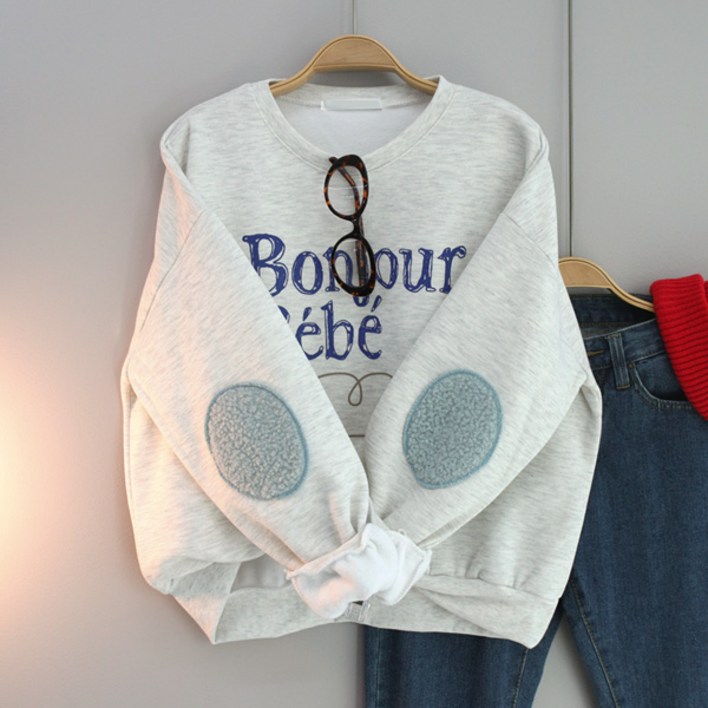 달콩 여성 기모맨투맨 빅사이즈 겨울티 봉주르빵떡오버핏맨투맨기모