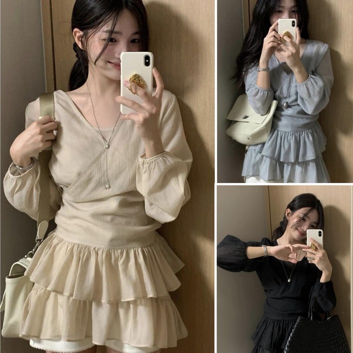 하와즈[ 2종세트] 봄 가을 V넥 긴팔 캉캉 프릴 레이어드+ 나시 프릴 이너 세트구성 YX