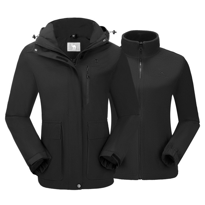 CAMEL CROWN 3in1 집업 바람막이 재킷 여성 점퍼 겨울 방한 야상 도톰 바람막이 등산복,블랙