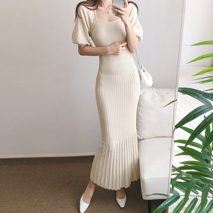 요시아나 [당일발송] 여리여리 피오니에 슬림핏 볼륨소매 뒤끈장식 골지 니트 롱 원피스