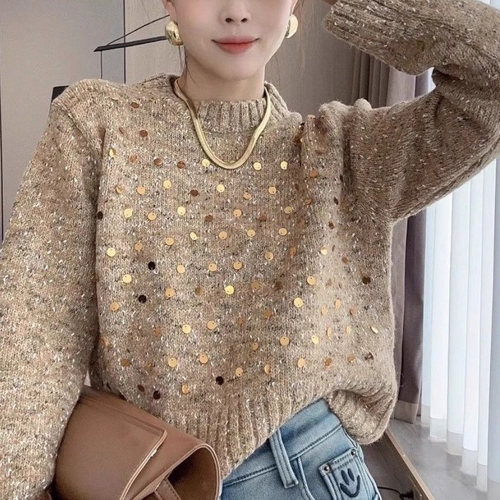 여성용 가을 겨울 스팽글 스웨터 라운드 긴팔 루즈핏 숏 니트