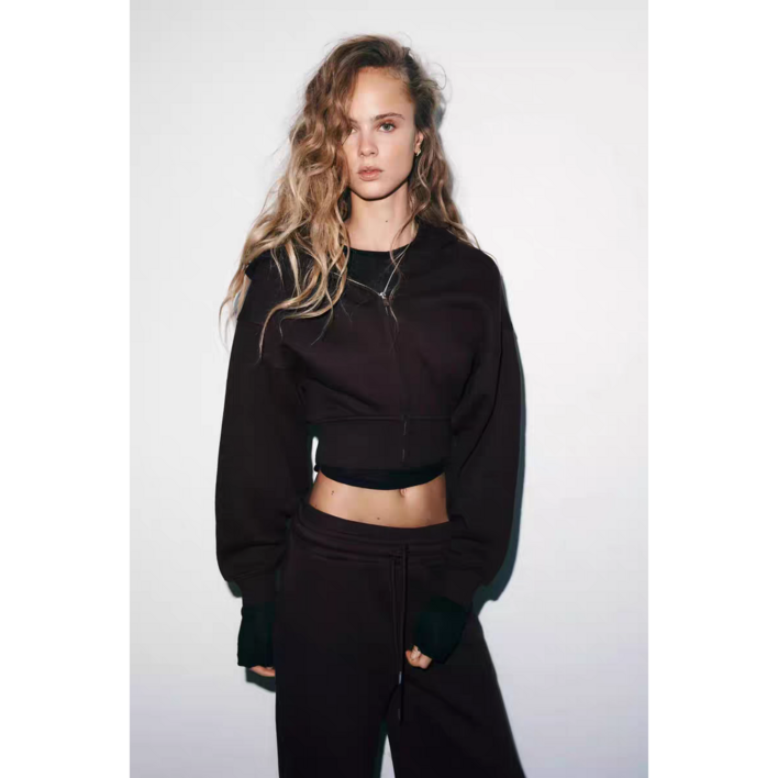 ZARA 여성 다크브라운 크롭 후드 집업 와이드 팬츠 세트