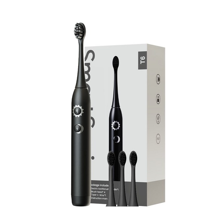 SmartSonic T6 음파 전동칫솔  칫솔모 4개 이중 모드 아침저녁 사용, 1개, 블랙, T6