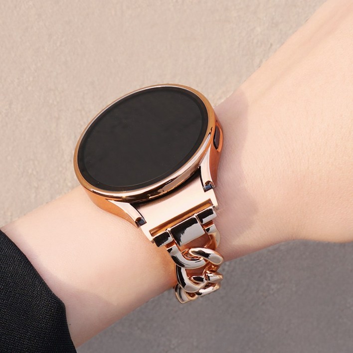 미소피아 갤럭시워치7 6 5 4 호환 글로시 메탈 스트랩  케이스 체인 슬림 여성 커브형 시계줄 밴드 날개형, 로즈골드