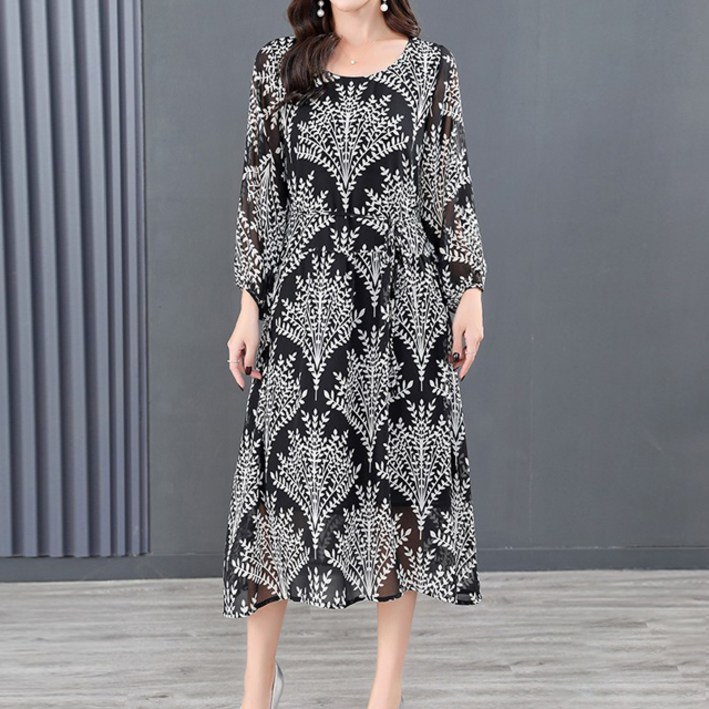 아뗄릭 루즈핏 하늘하늘 쉬폰 패턴 라운드 긴팔 원피스 01230 빅사이즈 포함