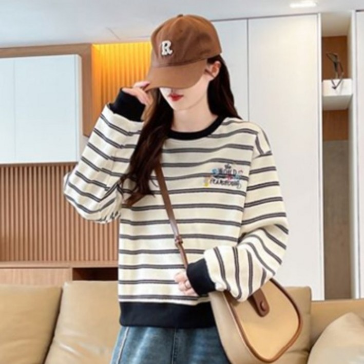 파라다이소 여성용 스트라이프 자수 포인트 긴팔 맨투맨