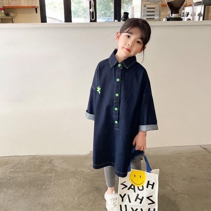 스타빈 아동용 포인트자수 스냅데님 원피스