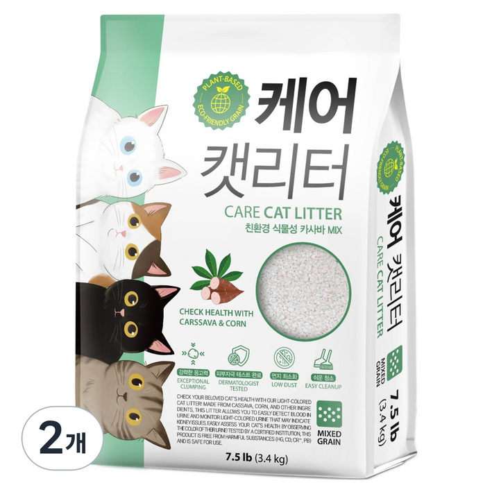 케어 캣리터 카사바 고양이 모래, 3.4kg, 2개, 무향