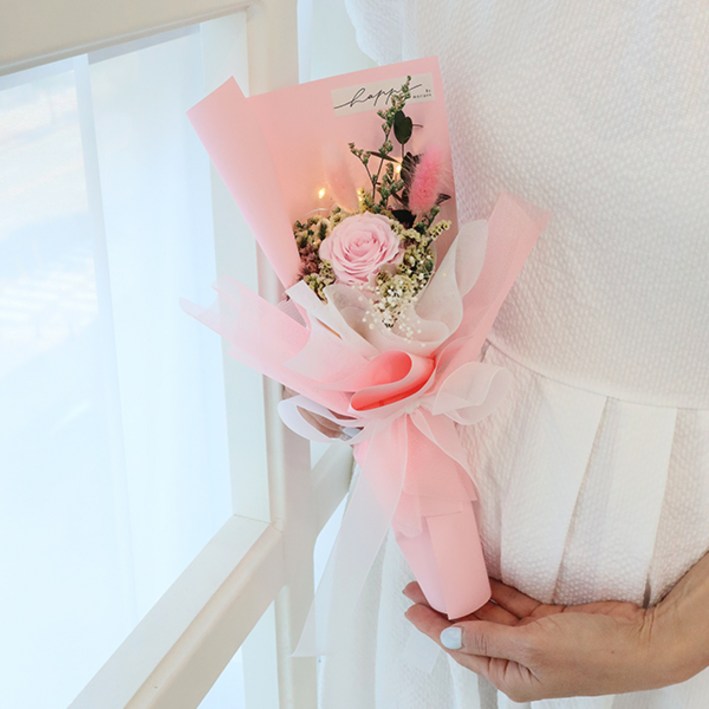 모리앤 생화 사랑하는 그대에게 프리저브드 조명 꽃다발  기프트박스 세트, 캔디핑크, 1세트