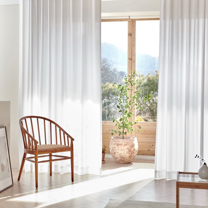 뷰하우스 크리미 쉬폰 아일렛 거실커튼2p 특대형  커튼봉 세트