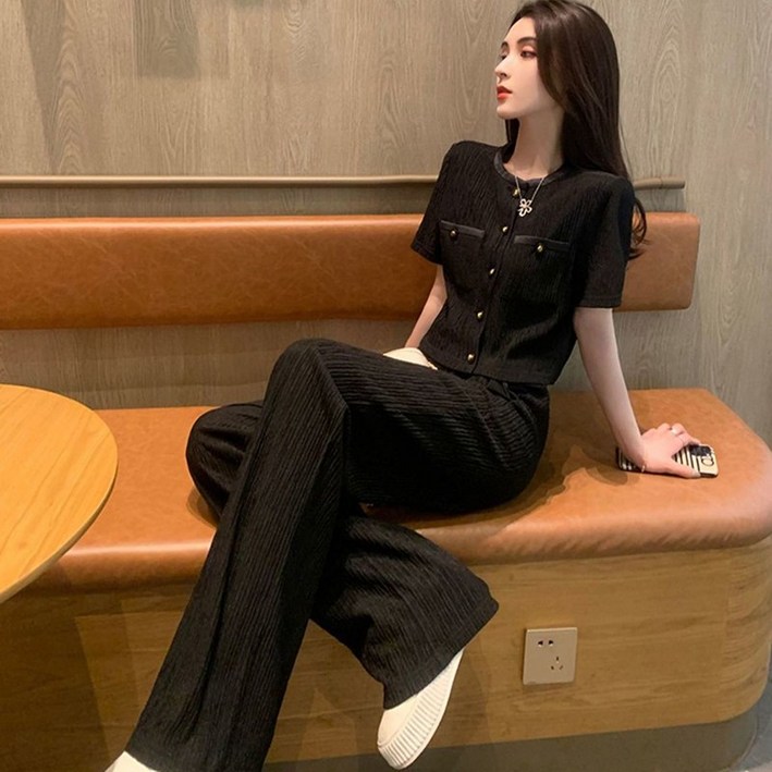 여성 패션 트위드 반팔 세트 봄 여름 캐주얼 명원풍 기질 코트 상의 + 와이드 팬츠 패션 슬림핏 투피스 WMY