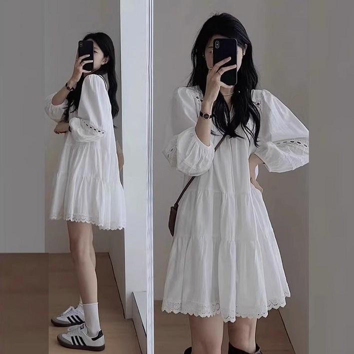 여성 순면 레이스 프렌치  펀칭 긴팔 원피스