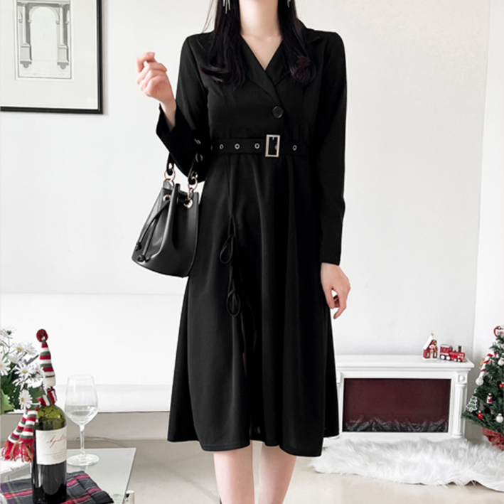 아이루리 블랙 트렌치 트임 원피스 모던 시크 트렌디 벨트 포인트 하객룩 브이넥 클래식