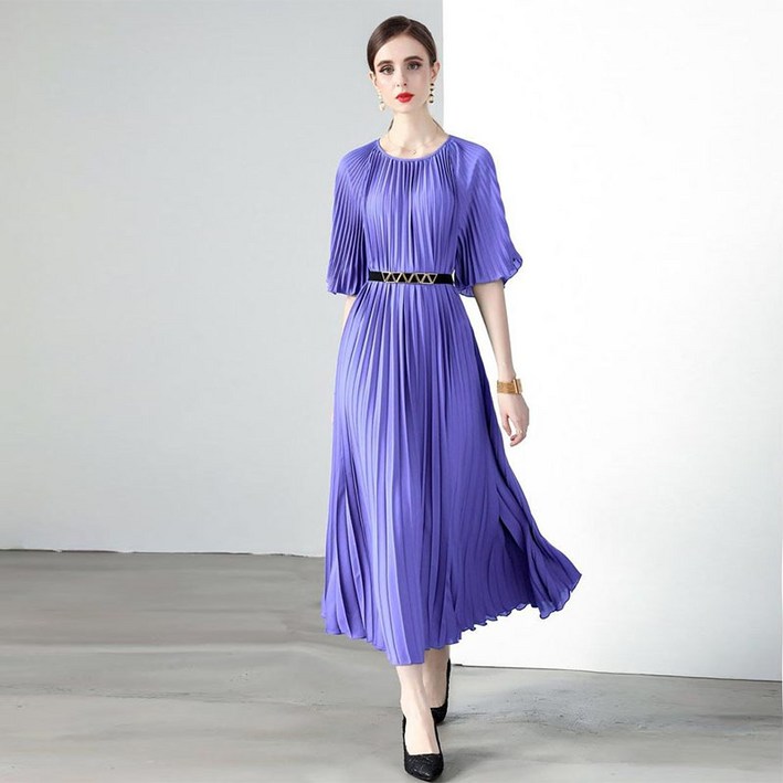 루스리더 여성 고급 라운드넥 쉬폰 벨트 주름 원피스 M96