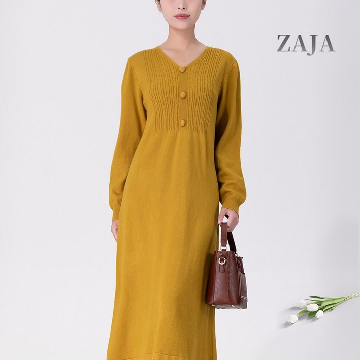 ZAJA 가을 겨울 여성 롱 니트 원피스 브이넥 원피스 하객룩