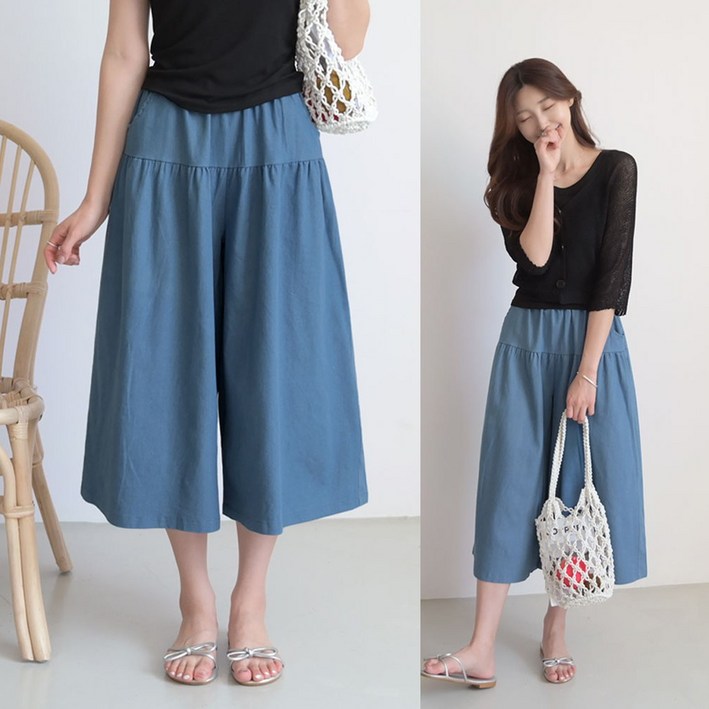 데일리앤 에딘 청 치마바지 밴딩 셔링 여성 7부 와이드 데님 팬츠 봄 여름 가을