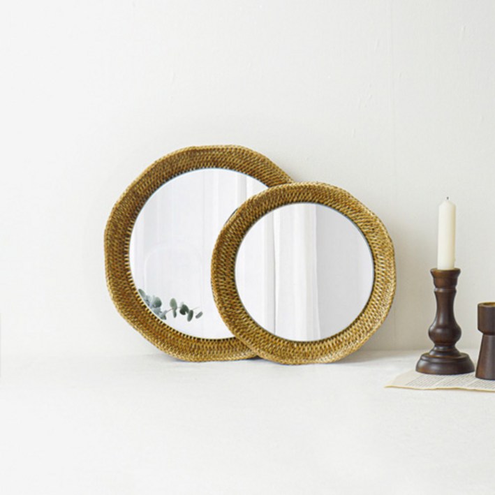 라탄소재 내추럴 벽걸이 거울 플라워 스타일 현관 거실 모던 소품, 2size, 라탄 플라워 벽걸이 거울M