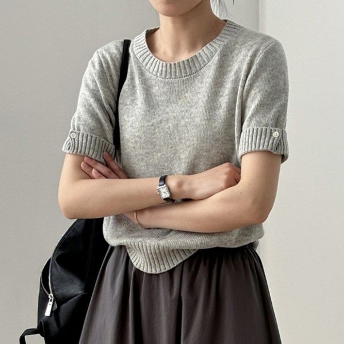 라이트 소매 버튼 포인트 반팔 부드러운 니트 티 여성 SS 여름시즌 시원한 스웨터 데일리 아이템
