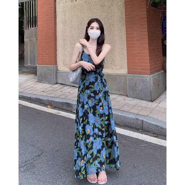 POMTOR 여성 나시 원피스 비치 바캉스 플라워 끈 롱원피스