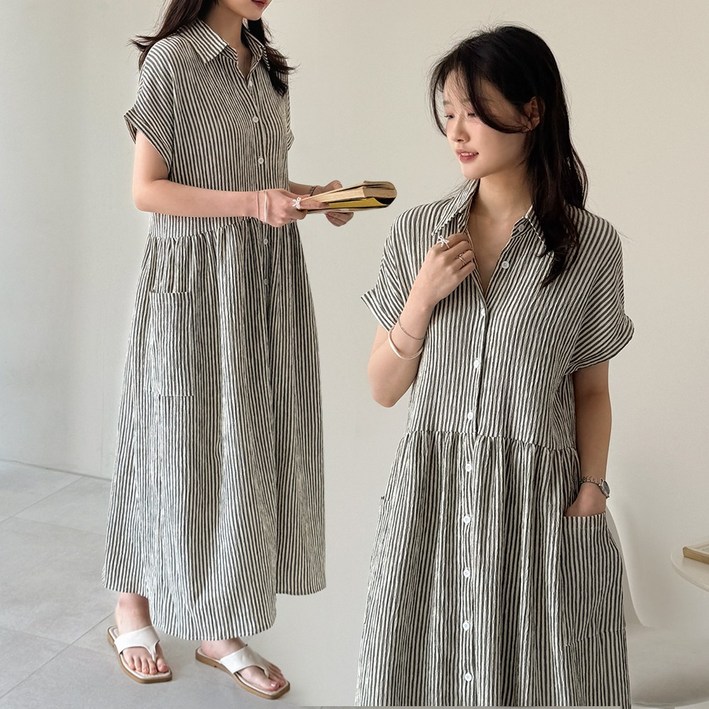 데일리앤 어반 루즈핏 캡소매 스트라이프 지지미 반팔 롱 셔츠 원피스 여름 휴양지 빅사이즈