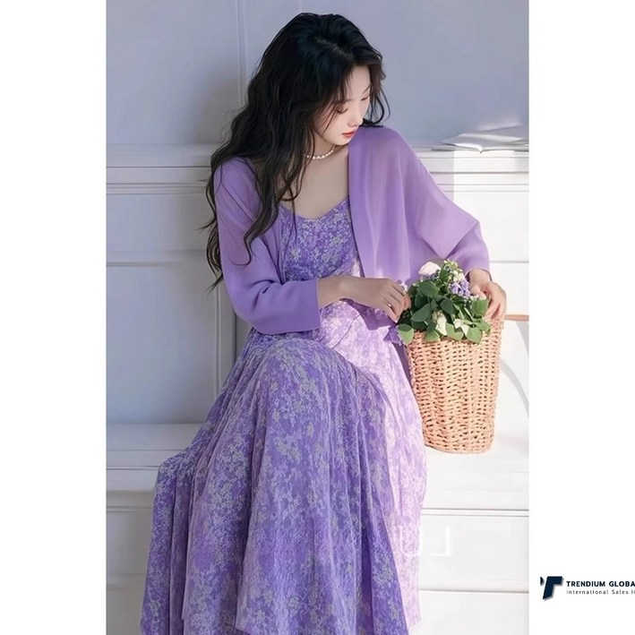 보라색 꽃 프린트 랩 드레스 여성 봄 여름 라인 스커트 롱 하이 원피스 가디건 투피스 여름 여성의류