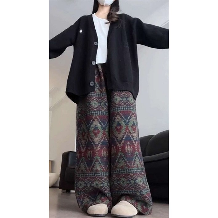 JIEVE 여성용 보헤미안 스타일 기하학 무늬 니트 와이드 팬츠 가을 겨울 캐주얼 바지 W18