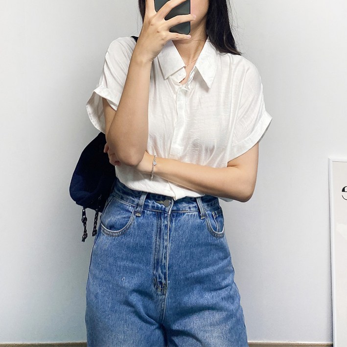 여성 여름 루즈핏 히든버튼 롤업 반팔 셔츠