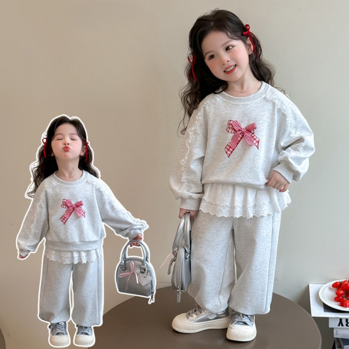 빛나는 키즈 나나샵 여아용 프릴 리본 맨투맨 +바지 상하 2종세트 레이스 캐주얼 운동복