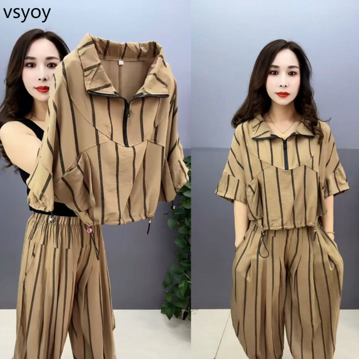 vsyoy 여름 패션 플러스 사이즈 느슨한 슬리밍 반팔 지퍼 여성을위한 최고 2 피스 세트 인쇄