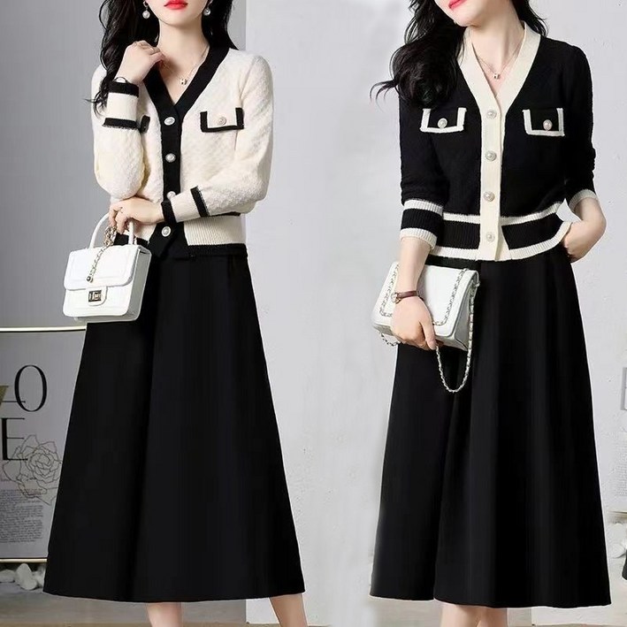 여성 투피스 치마세트 트위드 니트 플레어 스커트 결혼식 하객룩 정장세트 빅사이즈