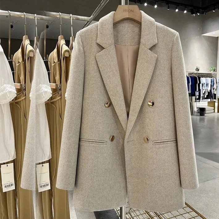 JUSTFEELING 더블단추 고품질 정장 모직코트 캐주얼 세련된 직장인 핸드메이드 코트 점퍼 루즈핏 베이직 기질 여성 봄가을 울코트 재킷