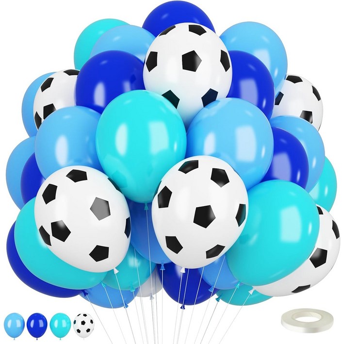 CEUQIESO - 51 조각 축구 공 풍선, 12 인치 축구 풍선 로얄 블루 청록색 하늘색 축구 생일 소년 축구 생일 파티 축구 파티 장식을위한 라텍스 풍선