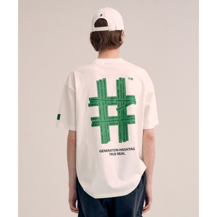 빈트릴 골프 BEENTRILL GOLF 그린 테이핑 해시태그 오버핏 반팔 티셔츠오프 화이트