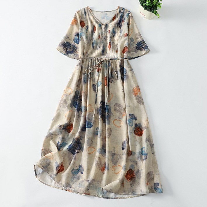 POMTOR 여름 시폰 꽃무늬 반팔 캐주얼 빅사이즈 오버핏 여성 롱 원피스