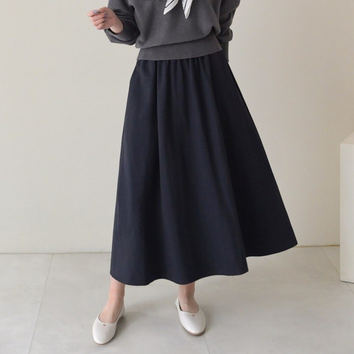 데일리앤 멜버른 풍성한 플레어 밴딩 롱 스커트 하비 커버 코튼 베이직 고무줄 치마 캐주얼