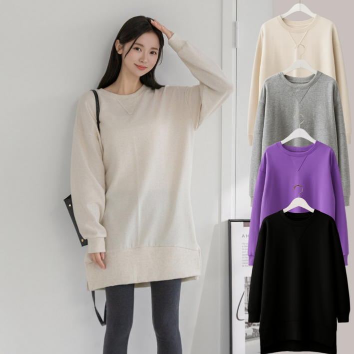 LIONHU [국내제작] 루즈핏 트임 맨투맨 원피스 데일리 롱티셔츠 오버핏 편한무지