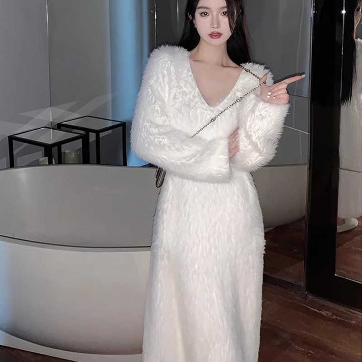 여자 앙고라 원피스 캐주얼 화이트 여행 고급 데일리 롱 퍼 겨울 간절기