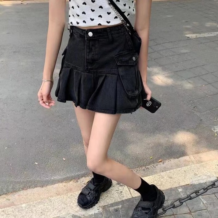 POMTOR 여성용 여름 캐주얼 플리츠 데님 미니 스커트