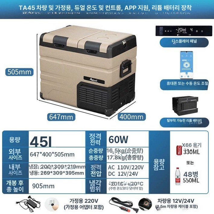차량용냉장고 캠핑 미니 쿨러 아이스박스 이동식 차박, 3. TA45 온도 제어 APP 리튬 배터리, 1L