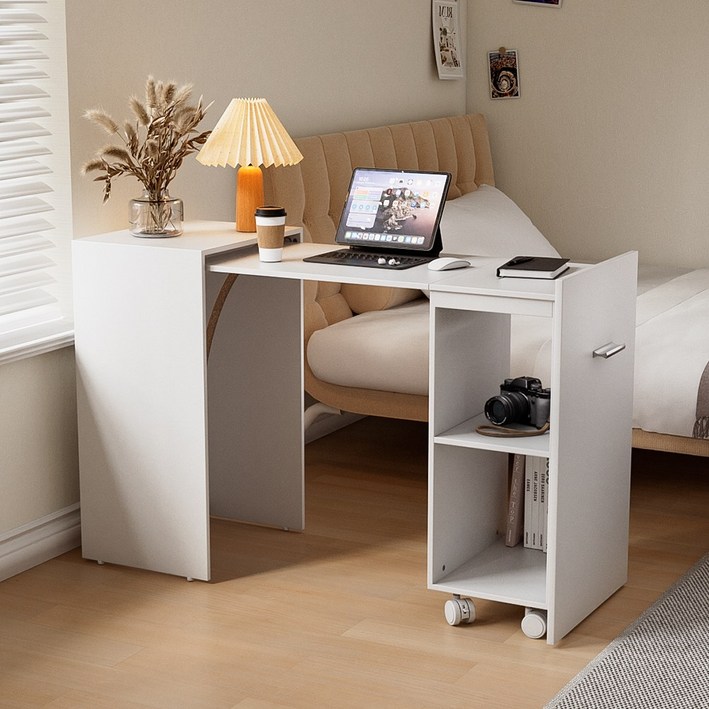 Bornoon 협탁과 책상이 하나로 합쳐진 듀얼 폴딩 슬림형 테이블, 1인용, 화이트